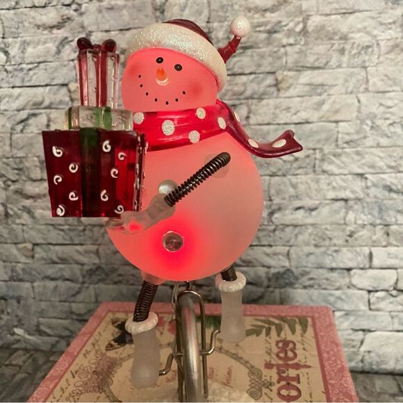 Vintage Glass Ceramic Snowman Riding Unicycle Light Up Christmasm Holiday Decor - Picture 2 of 9